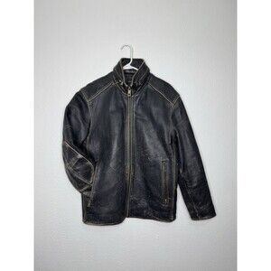 Vintage ANDREW MARC Distressed Genuine Leather Men’s Jacket Lined Sz S Moto Hood